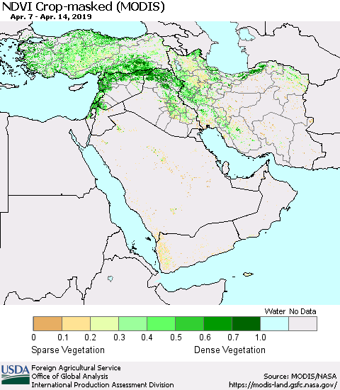 Middle East and Turkey NDVI Crop-masked (MODIS-Terra) Thematic Map For 4/11/2019 - 4/20/2019
