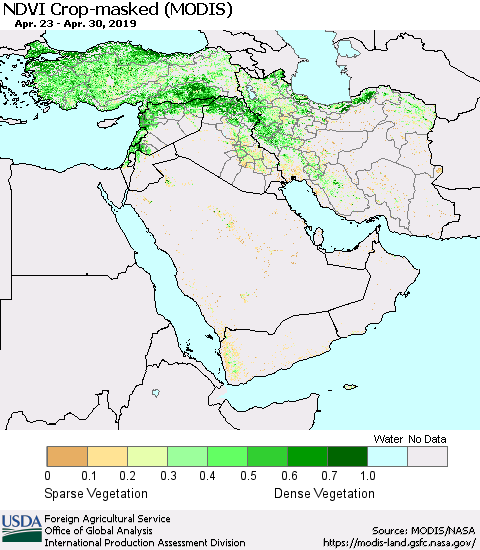 Middle East and Turkey NDVI Crop-masked (MODIS-Terra) Thematic Map For 4/21/2019 - 4/30/2019