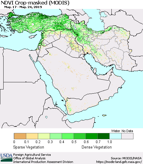Middle East and Turkey NDVI Crop-masked (MODIS-Terra) Thematic Map For 5/21/2019 - 5/31/2019