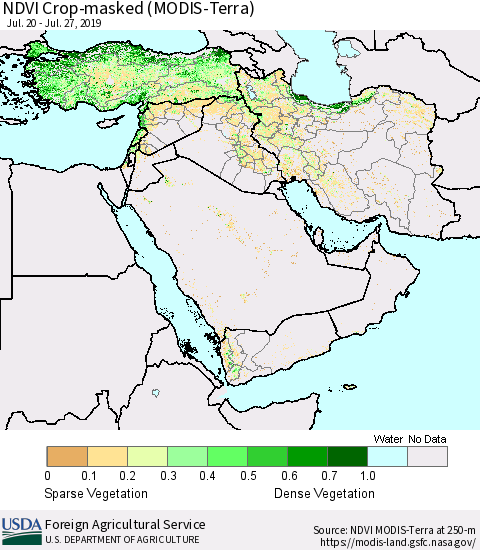 Middle East and Turkey NDVI Crop-masked (MODIS-Terra) Thematic Map For 7/21/2019 - 7/31/2019