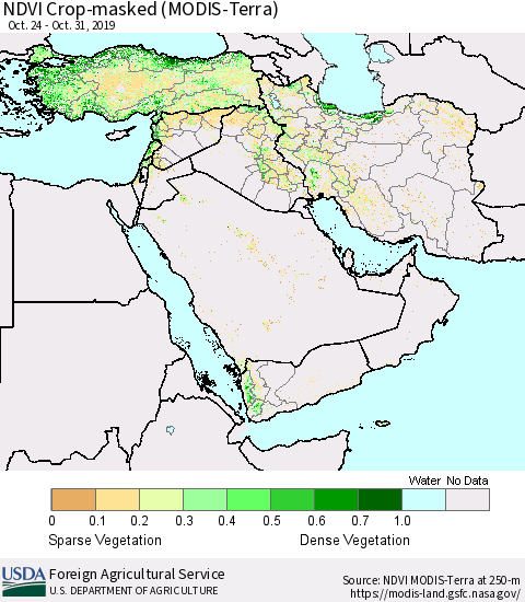 Middle East and Turkey NDVI Crop-masked (MODIS-Terra) Thematic Map For 10/21/2019 - 10/31/2019