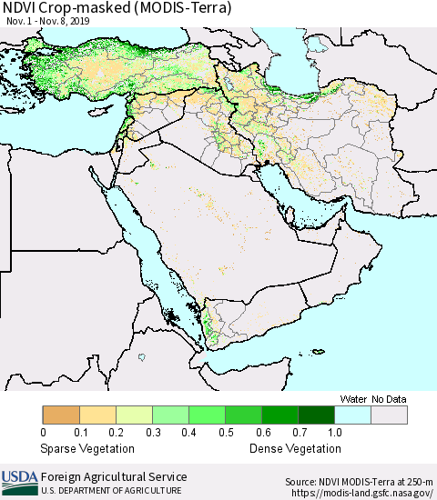 Middle East and Turkey NDVI Crop-masked (MODIS-Terra) Thematic Map For 11/1/2019 - 11/10/2019