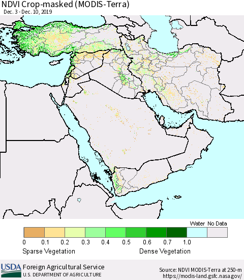 Middle East and Turkey NDVI Crop-masked (MODIS-Terra) Thematic Map For 12/1/2019 - 12/10/2019