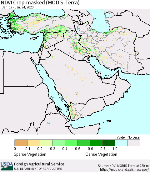 Middle East and Turkey NDVI Crop-masked (MODIS-Terra) Thematic Map For 1/21/2020 - 1/31/2020