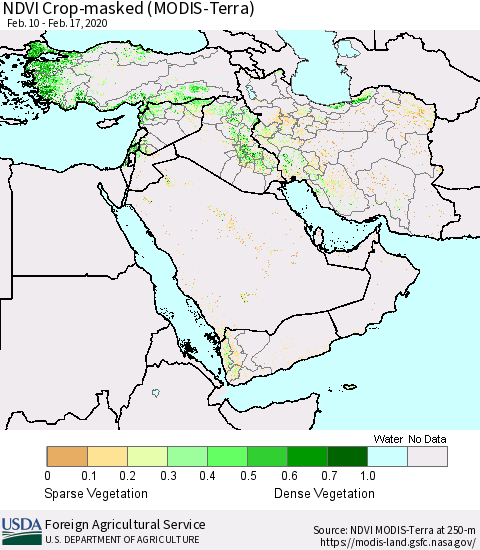 Middle East and Turkey NDVI Crop-masked (MODIS-Terra) Thematic Map For 2/11/2020 - 2/20/2020