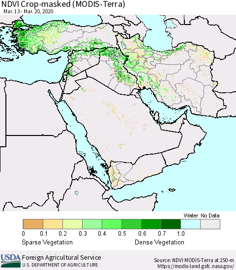 Middle East and Turkey NDVI Crop-masked (MODIS-Terra) Thematic Map For 3/11/2020 - 3/20/2020