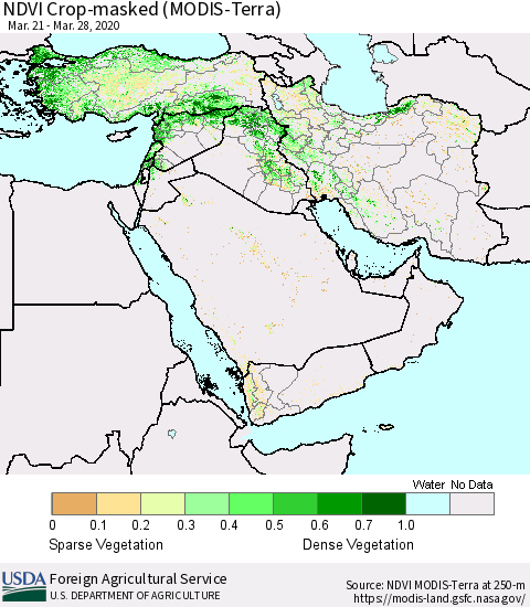 Middle East and Turkey NDVI Crop-masked (MODIS-Terra) Thematic Map For 3/21/2020 - 3/31/2020