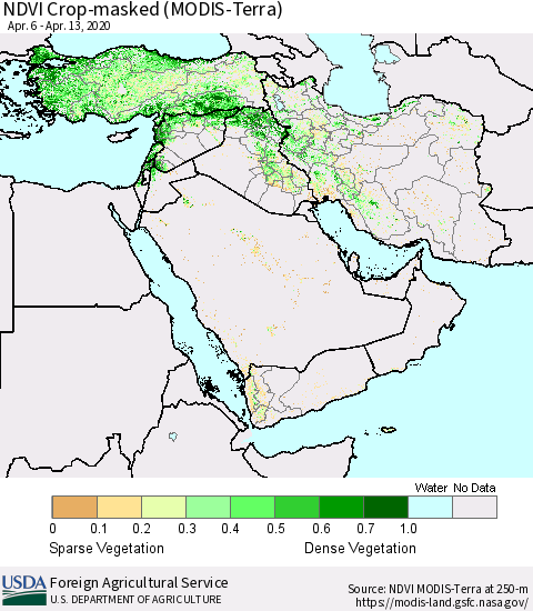 Middle East and Turkey NDVI Crop-masked (MODIS-Terra) Thematic Map For 4/11/2020 - 4/20/2020