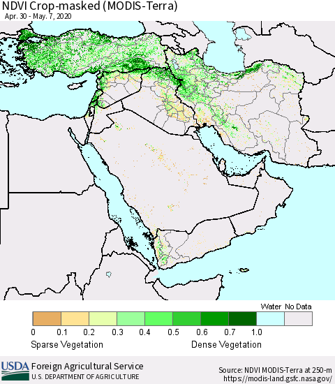 Middle East and Turkey NDVI Crop-masked (MODIS-Terra) Thematic Map For 5/1/2020 - 5/10/2020
