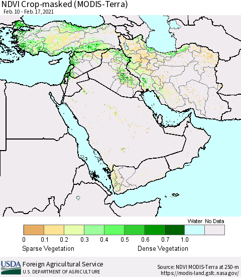 Middle East and Turkey NDVI Crop-masked (MODIS-Terra) Thematic Map For 2/11/2021 - 2/20/2021
