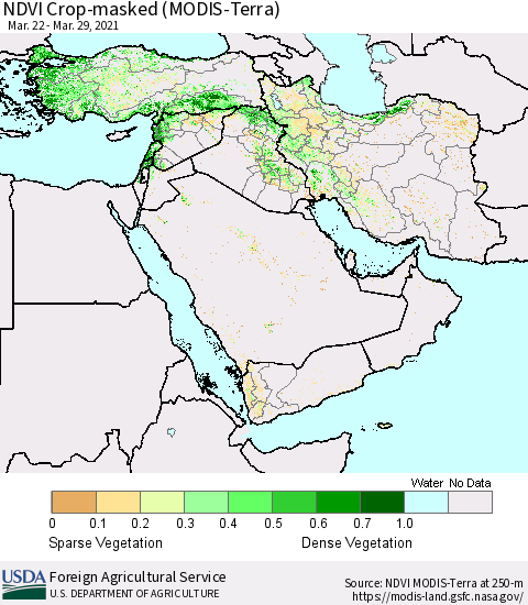 Middle East and Turkey NDVI Crop-masked (MODIS-Terra) Thematic Map For 3/21/2021 - 3/31/2021