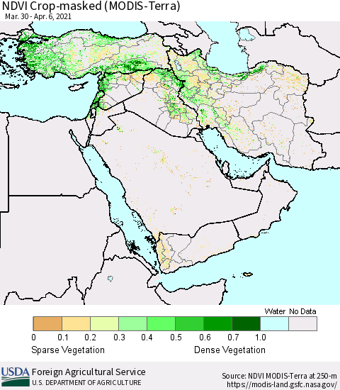 Middle East and Turkey NDVI Crop-masked (MODIS-Terra) Thematic Map For 4/1/2021 - 4/10/2021