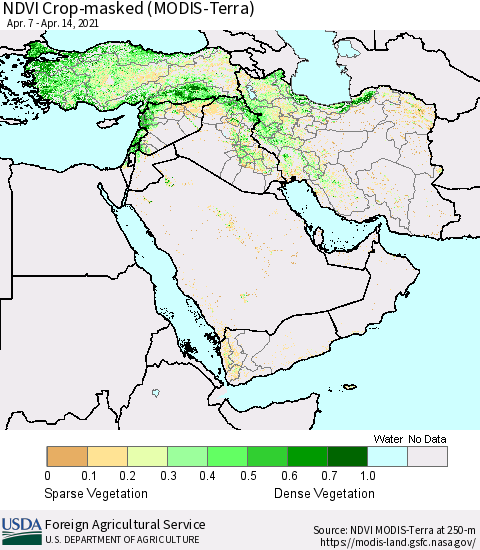 Middle East and Turkey NDVI Crop-masked (MODIS-Terra) Thematic Map For 4/11/2021 - 4/20/2021
