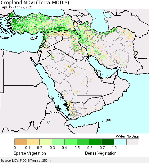 Middle East and Turkey Cropland NDVI (Terra-MODIS) Thematic Map For 4/15/2021 - 4/22/2021