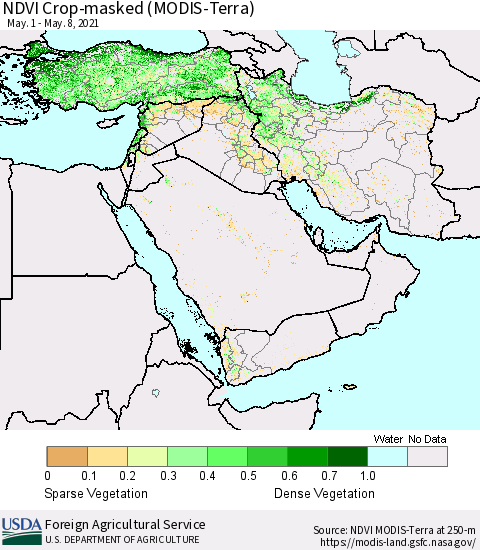 Middle East and Turkey Cropland NDVI (Terra-MODIS) Thematic Map For 5/1/2021 - 5/10/2021