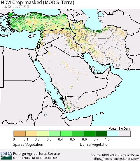 Middle East and Turkey NDVI Crop-masked (MODIS-Terra) Thematic Map For 7/21/2021 - 7/31/2021