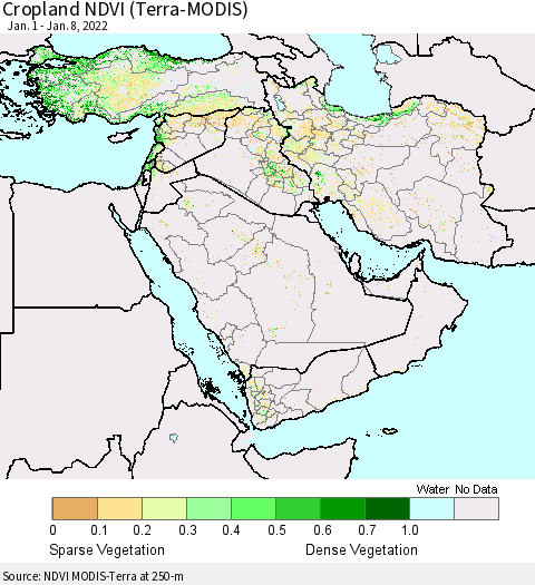 Middle East and Turkey Cropland NDVI (Terra-MODIS) Thematic Map For 1/1/2022 - 1/8/2022