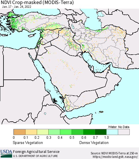 Middle East and Turkey NDVI Crop-masked (MODIS-Terra) Thematic Map For 1/21/2022 - 1/31/2022