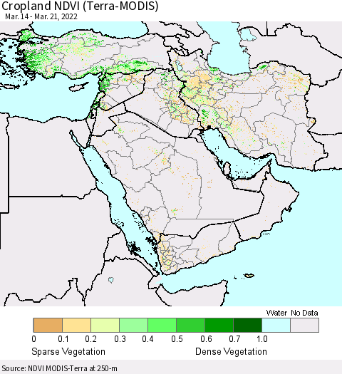 Middle East and Turkey Cropland NDVI (Terra-MODIS) Thematic Map For 3/14/2022 - 3/21/2022