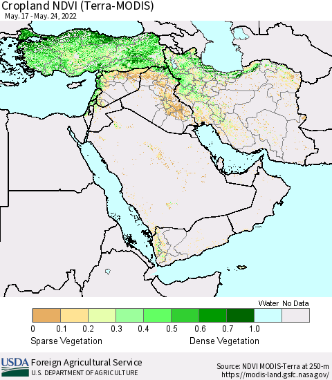 Middle East and Turkey Cropland NDVI (Terra-MODIS) Thematic Map For 5/21/2022 - 5/31/2022