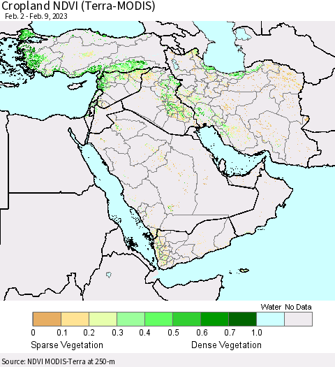Middle East and Turkey Cropland NDVI (Terra-MODIS) Thematic Map For 2/2/2023 - 2/9/2023
