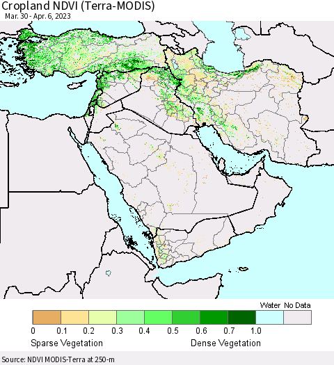 Middle East and Turkey Cropland NDVI (Terra-MODIS) Thematic Map For 3/30/2023 - 4/6/2023