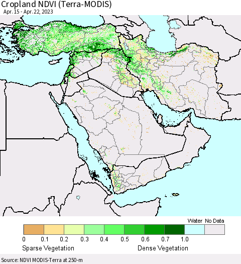 Middle East and Turkey Cropland NDVI (Terra-MODIS) Thematic Map For 4/15/2023 - 4/22/2023