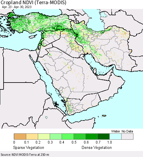 Middle East and Turkey Cropland NDVI (Terra-MODIS) Thematic Map For 4/23/2023 - 4/30/2023