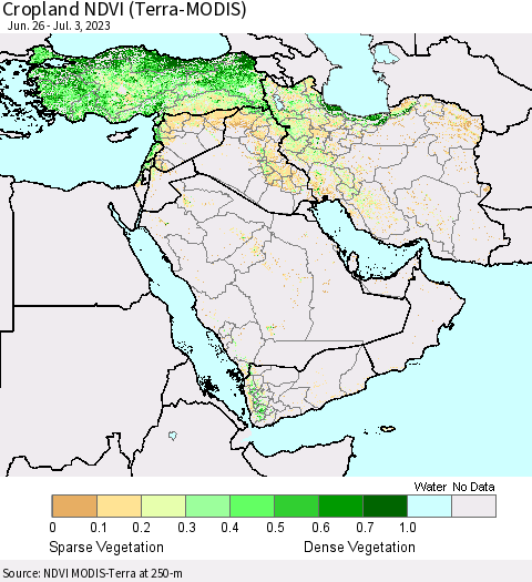 Middle East and Turkey Cropland NDVI (Terra-MODIS) Thematic Map For 6/26/2023 - 7/3/2023