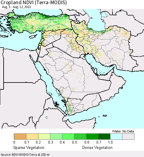 Middle East and Turkey Cropland NDVI (Terra-MODIS) Thematic Map For 8/5/2023 - 8/12/2023