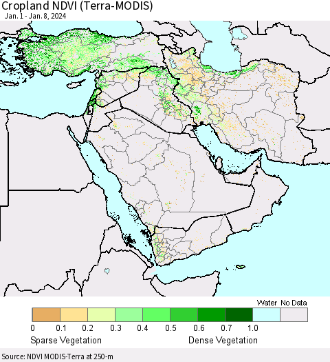 Middle East and Turkey Cropland NDVI (Terra-MODIS) Thematic Map For 1/1/2024 - 1/8/2024