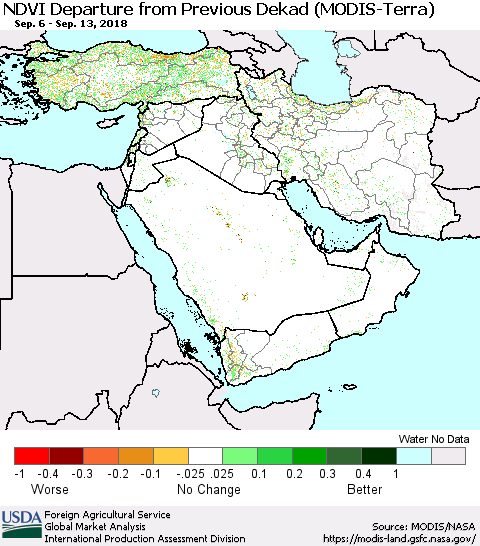 Middle East and Turkey NDVI Departure from Previous Dekad (Terra-MODIS) Thematic Map For 9/11/2018 - 9/20/2018