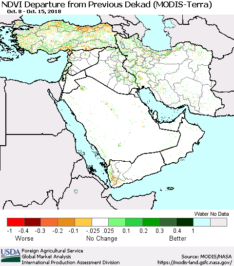 Middle East and Turkey NDVI Departure from Previous Dekad (Terra-MODIS) Thematic Map For 10/11/2018 - 10/20/2018