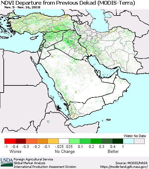 Middle East and Turkey NDVI Departure from Previous Dekad (Terra-MODIS) Thematic Map For 11/11/2018 - 11/20/2018