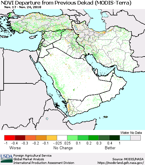 Middle East and Turkey NDVI Departure from Previous Dekad (Terra-MODIS) Thematic Map For 11/21/2018 - 11/30/2018