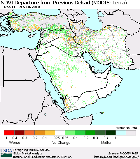 Middle East and Turkey NDVI Departure from Previous Dekad (Terra-MODIS) Thematic Map For 12/11/2018 - 12/20/2018