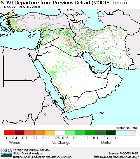 Middle East and Turkey NDVI Departure from Previous Dekad (Terra-MODIS) Thematic Map For 12/21/2018 - 12/31/2018