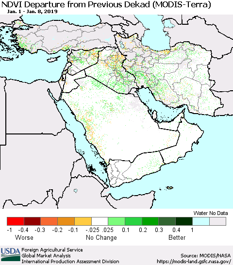 Middle East and Turkey NDVI Departure from Previous Dekad (Terra-MODIS) Thematic Map For 1/1/2019 - 1/10/2019