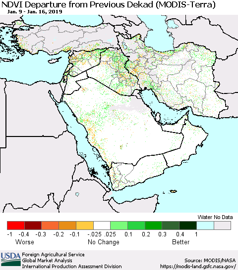 Middle East and Turkey NDVI Departure from Previous Dekad (Terra-MODIS) Thematic Map For 1/11/2019 - 1/20/2019