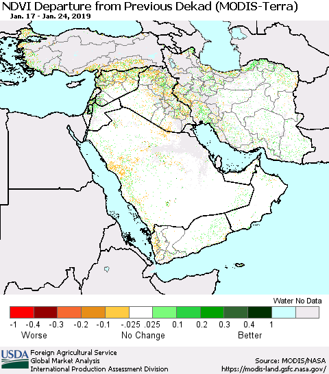 Middle East and Turkey NDVI Departure from Previous Dekad (Terra-MODIS) Thematic Map For 1/21/2019 - 1/31/2019