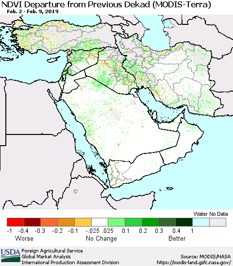 Middle East and Turkey NDVI Departure from Previous Dekad (Terra-MODIS) Thematic Map For 2/1/2019 - 2/10/2019