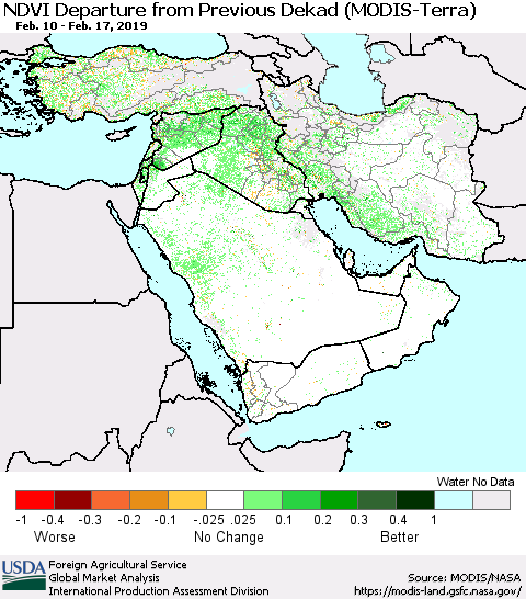 Middle East and Turkey NDVI Departure from Previous Dekad (Terra-MODIS) Thematic Map For 2/11/2019 - 2/20/2019