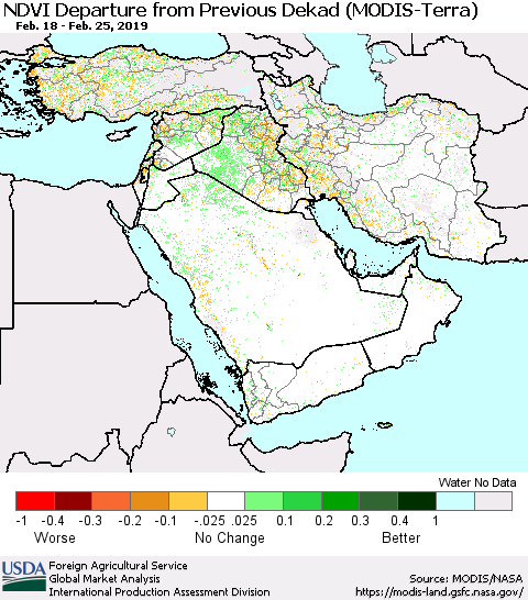 Middle East and Turkey NDVI Departure from Previous Dekad (Terra-MODIS) Thematic Map For 2/21/2019 - 2/28/2019