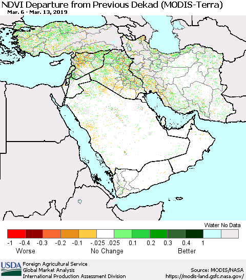 Middle East and Turkey NDVI Departure from Previous Dekad (Terra-MODIS) Thematic Map For 3/11/2019 - 3/20/2019