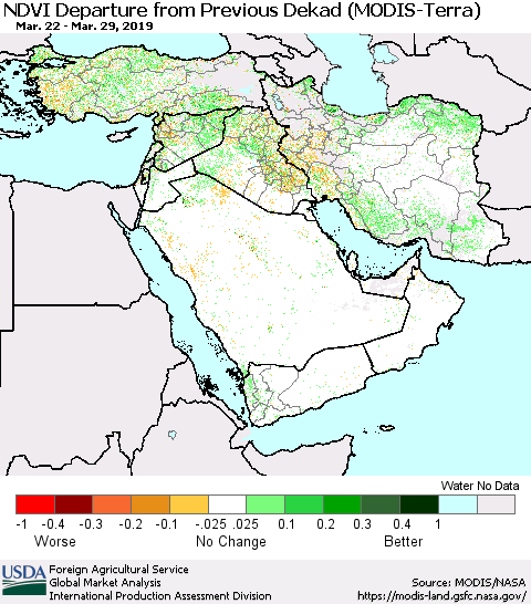 Middle East and Turkey NDVI Departure from Previous Dekad (Terra-MODIS) Thematic Map For 3/21/2019 - 3/31/2019