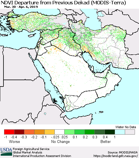 Middle East and Turkey NDVI Departure from Previous Dekad (Terra-MODIS) Thematic Map For 4/1/2019 - 4/10/2019