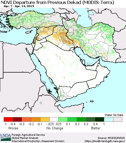 Middle East and Turkey NDVI Departure from Previous Dekad (Terra-MODIS) Thematic Map For 4/11/2019 - 4/20/2019