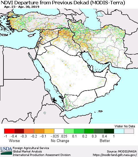 Middle East and Turkey NDVI Departure from Previous Dekad (Terra-MODIS) Thematic Map For 4/21/2019 - 4/30/2019