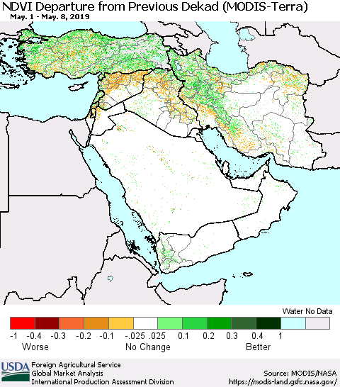 Middle East and Turkey NDVI Departure from Previous Dekad (Terra-MODIS) Thematic Map For 5/1/2019 - 5/10/2019