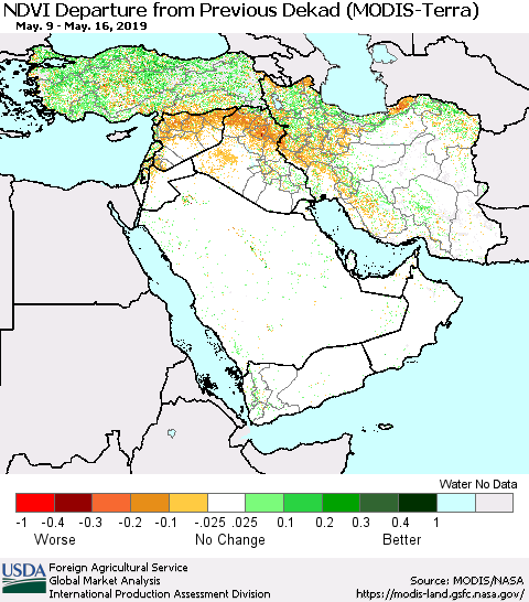 Middle East and Turkey NDVI Departure from Previous Dekad (Terra-MODIS) Thematic Map For 5/11/2019 - 5/20/2019